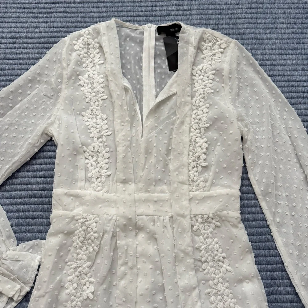 NWT SBerto White Swiss Dot Floral Lace Lined Sheer Long Sleeves Dress Size XS - Picture 5 of 15